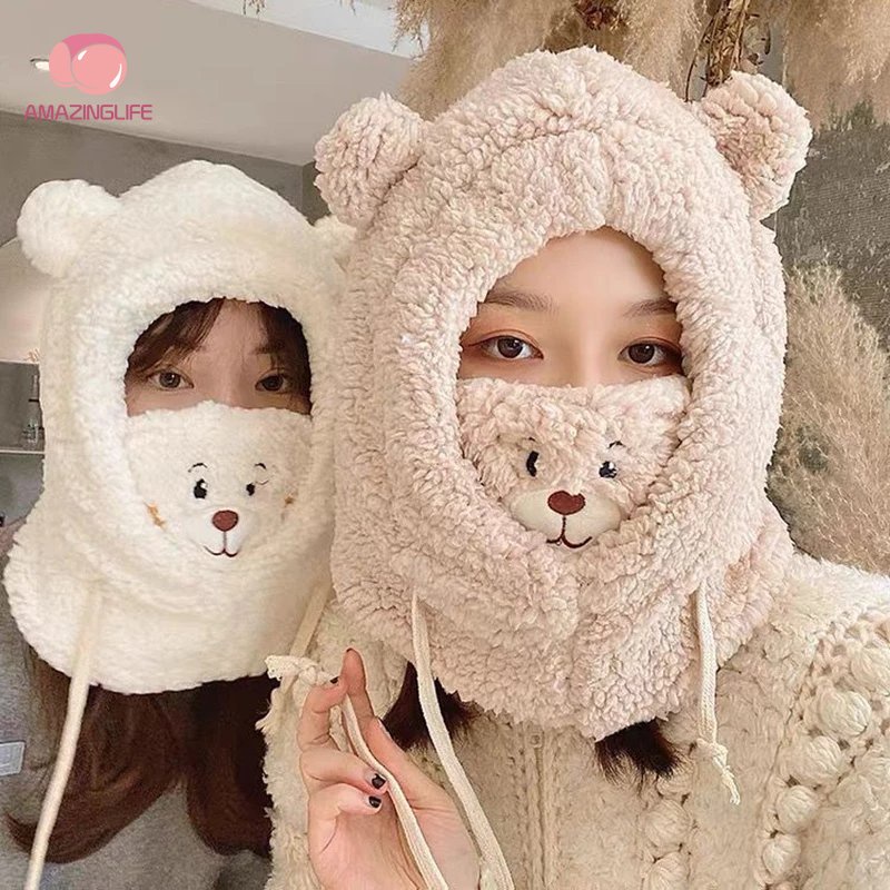 Mũ Trùm Đầu Kèm Khăn Choàng Cổ Bằng Lông Cừu / Mặt Nạ Hình Gấu Hoạt Hình Dễ Thương Chống Gió Giữ Ấm Mù