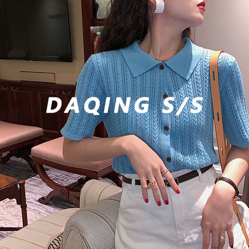 Áo Sweater Lụa Lạnh Cổ Polo Dáng Rộng Ngắn Tay Thời Trang Mùa Hè Dành Cho Nữ 2021