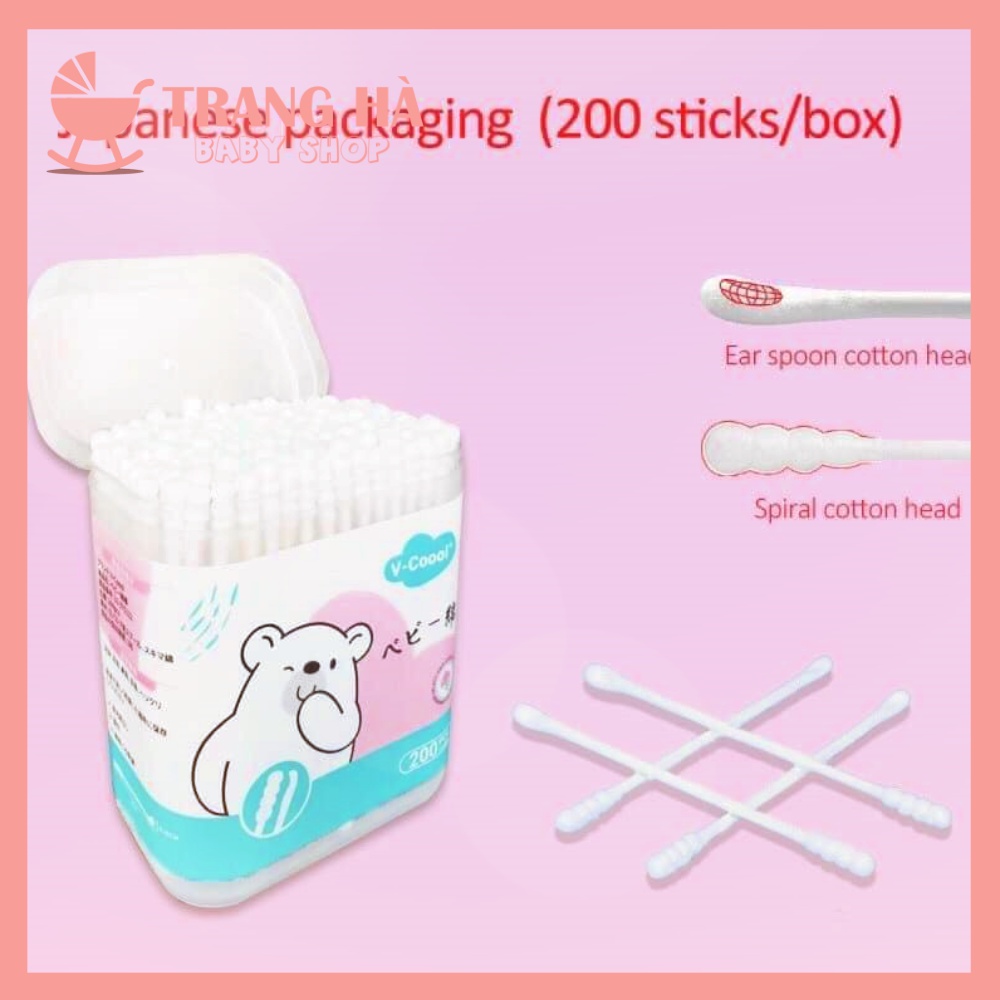 DEAL SOCK Hộp 200 Que Tăm Bông Kháng Khuẩn Vcool, Tăm Bông Đa Năng Lõi Giấy 2 Đầu Vệ Sinh Cho Bé An Toàn Tiện Lợi