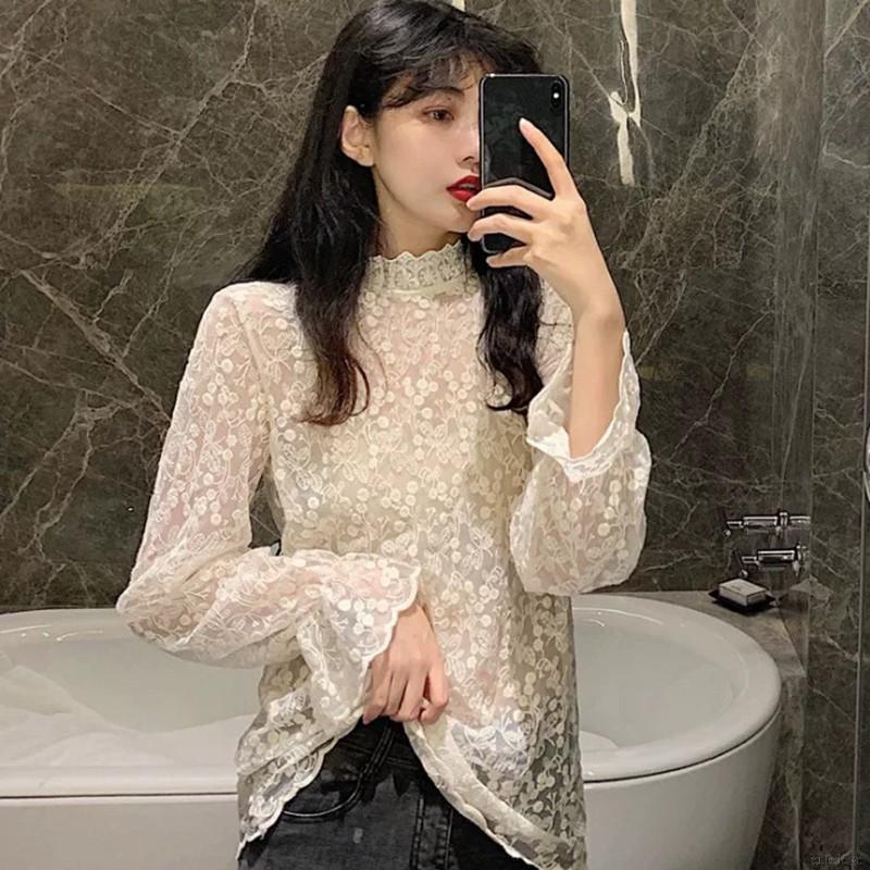 Áo kiểu tay dài phối ren thiết kế tinh tế thời trang cho nữ