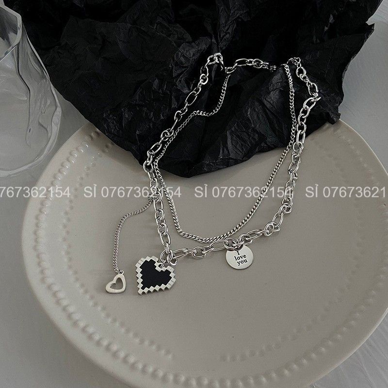 Set 2 Dây Chuyền Xích Tầng Unisex Đính Trái Tim Đen
