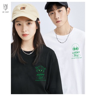 Áo Thun đôi nam nữ Lucky Boy - Happy Girl áo cặp đôi form rộng tay lỡ - GW Shop