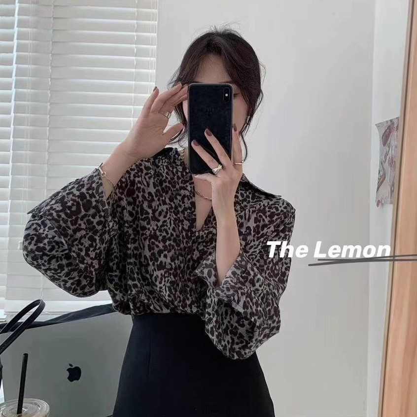 Áo sơ mi họa tiết da báo phong cách Hàn Quốc cổ điển thời trang