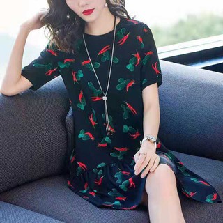 (PE027)Đầm dáng suông họa tiết lạ cổ tròn tay ngắn xếp ly gấu