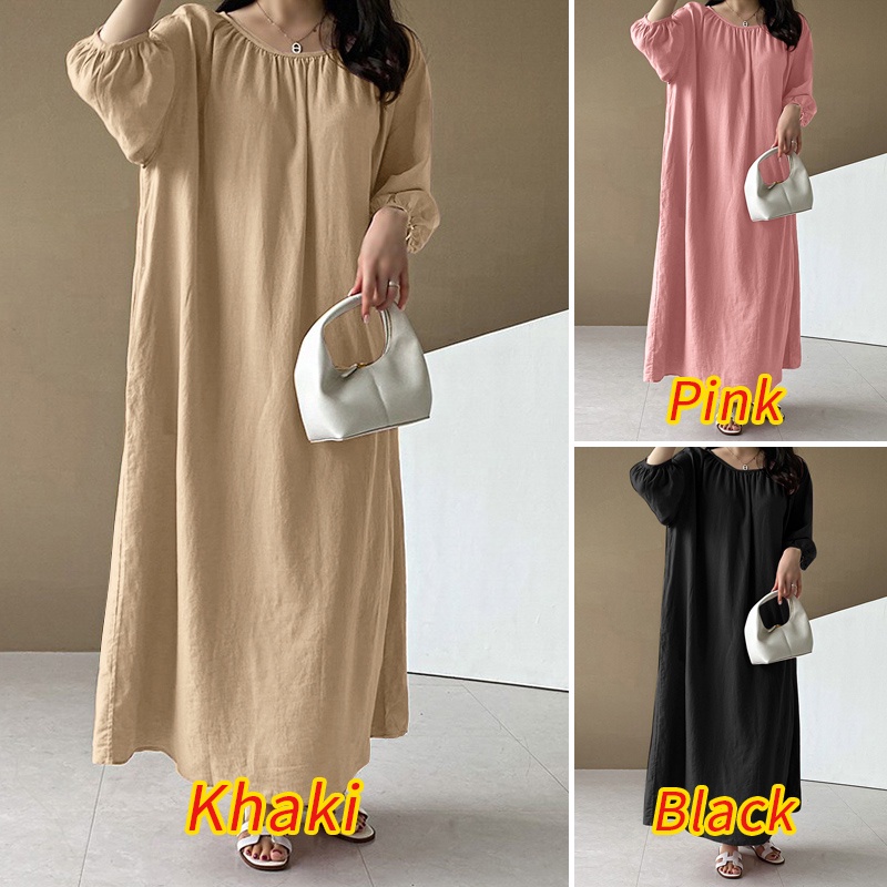 Đầm maxi ZANZEA cotton tay 3/4 cổ tròn thời trang Hàn Quốc cho nữ