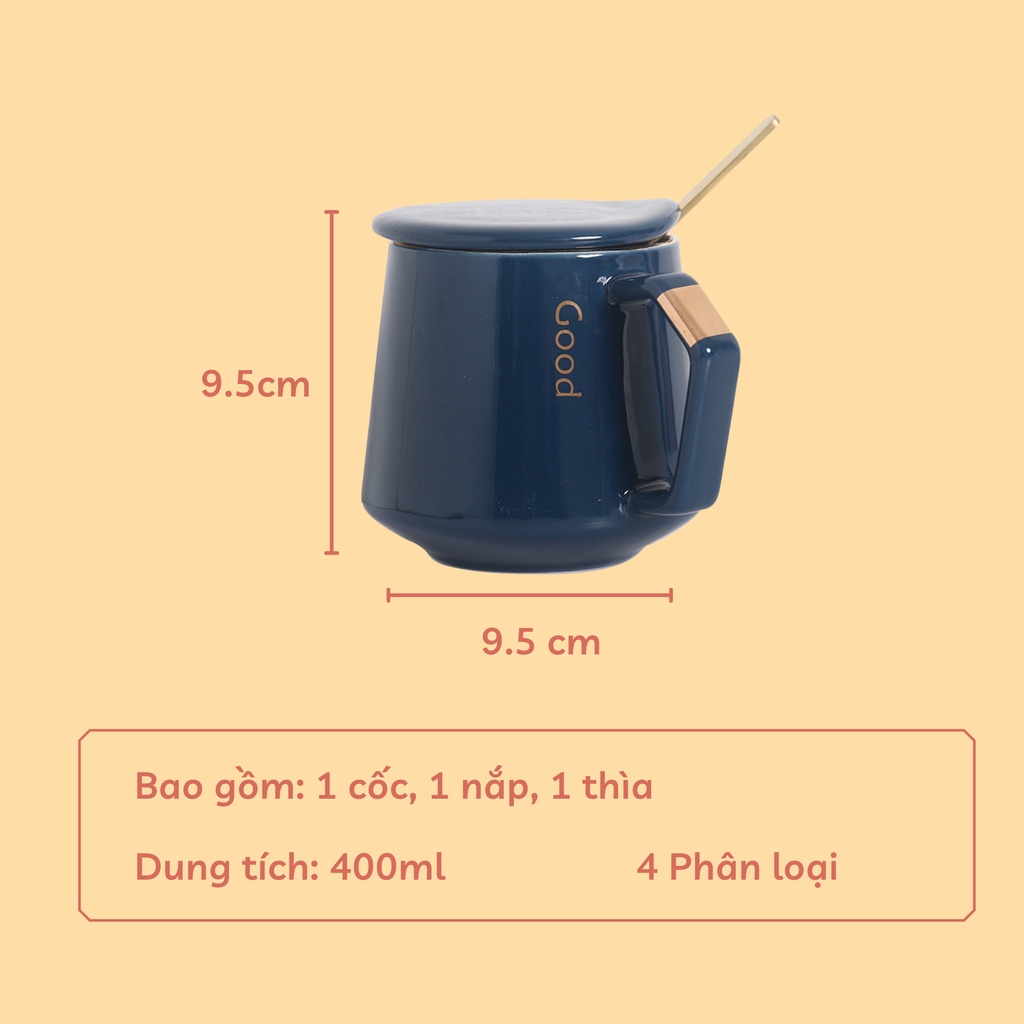 Cốc sứ uống nước, cafe cao cấp 400ml có nắp đậy, ly sứ văn phòng kèm thìa vàng