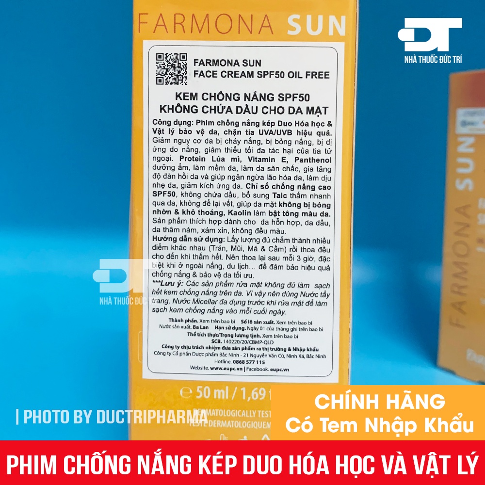 Kem Chống Nắng Farmona Sun Face Cream SPF50 Oil Free - Phim chống nắng kép Duo hóa học và vật lý bảo vệ da 50ml