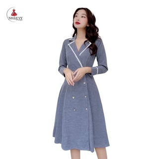Đầm Nữ NHẬT VY Vest Tay Dài Phối Viền Ren Chất Linen Công Sở Dáng Xoè Màu Xanh Đen, Xám - D2266