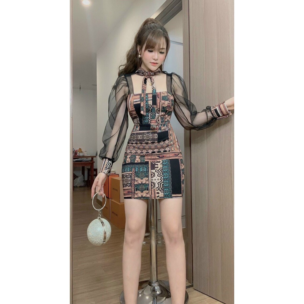 [Đầm Mới] Đầm Ôm Body Họa Tiết Dây Cổ Phối Tay Lưới Màu Sắc Nhã Nhặn Thật Sự Phù Hợp Để Tới Công Sở, Đi Làm