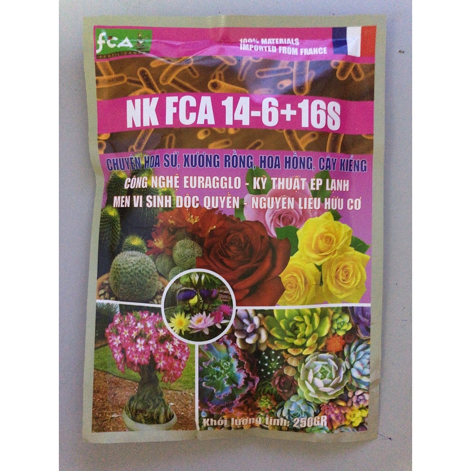 Phân bón hữu cơ vi sinh NK FCA 14-6+16S Nguyên liệu Nhập 100% từ Pháp Chuyên hoa sứ, xương rồng, hoa hồng, cây cảnh