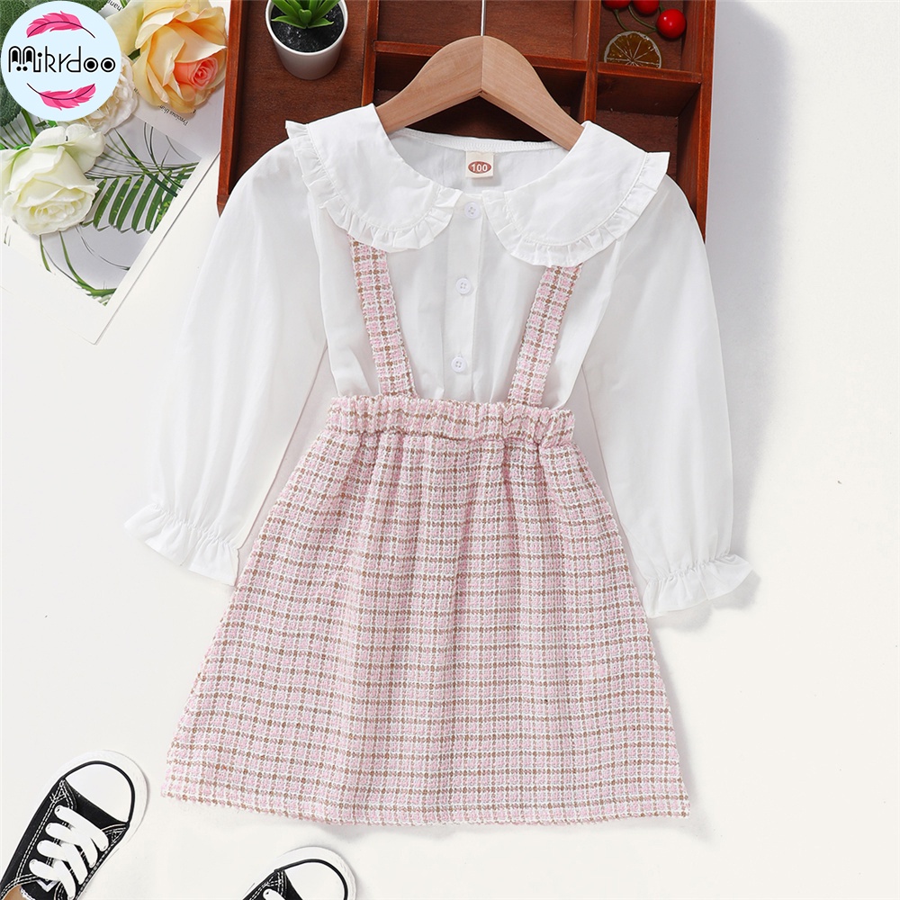 Đầm MIKRDOO tay dài cổ Peter Pan in họa tiết kẻ caro đáng yêu cho bé gái 1-6 tuổi