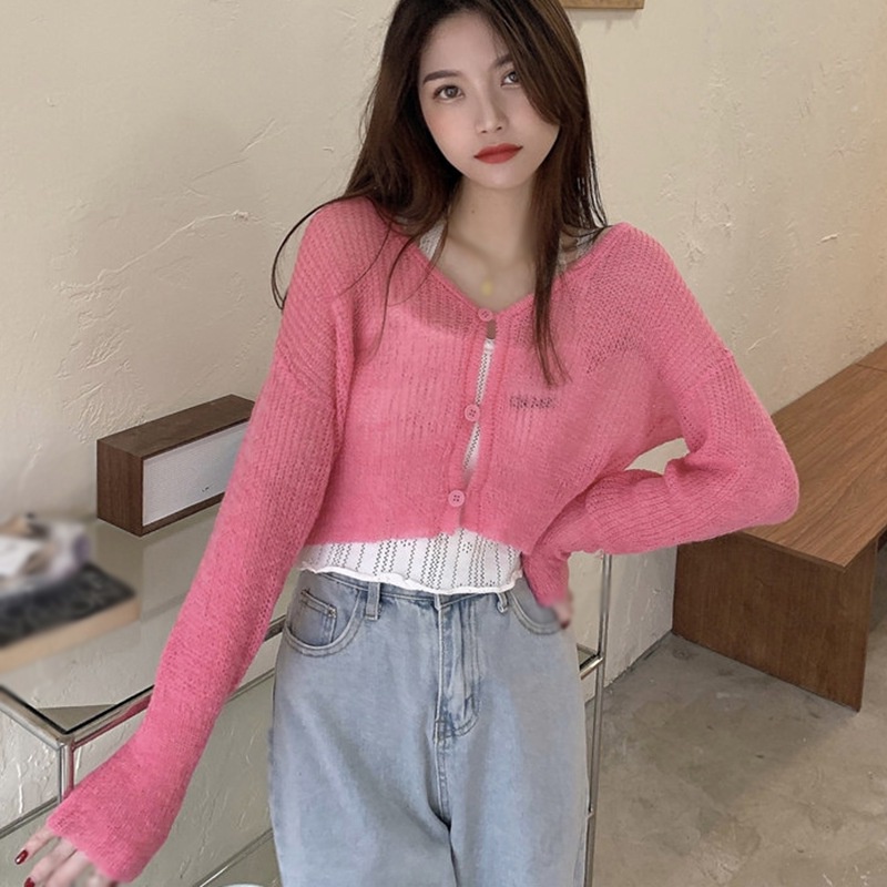 Áo cardigan dệt kim tay dài màu sắc đơn giản phong cách Hàn Quốc thời trang retro cho phái nữ