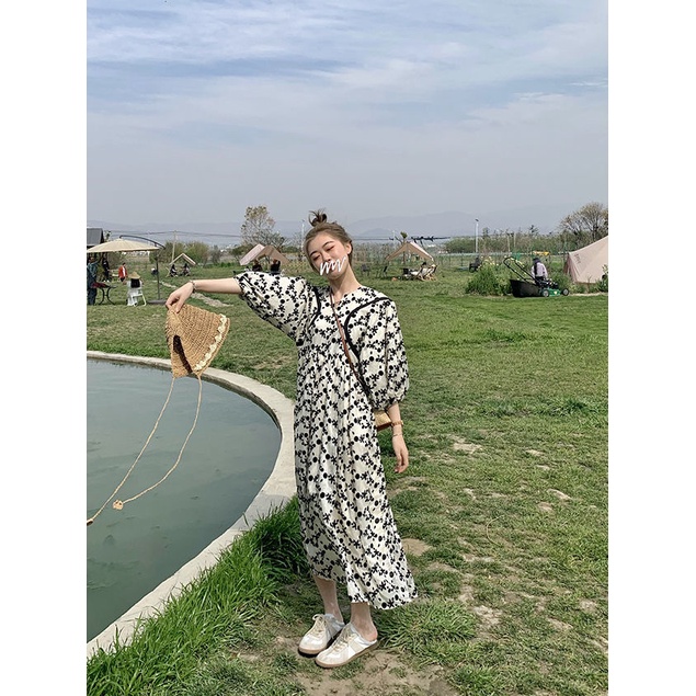 Đầm Tay Phồng Dài Cổ Chữ v In Họa Tiết Thời Trang Cho Nữ