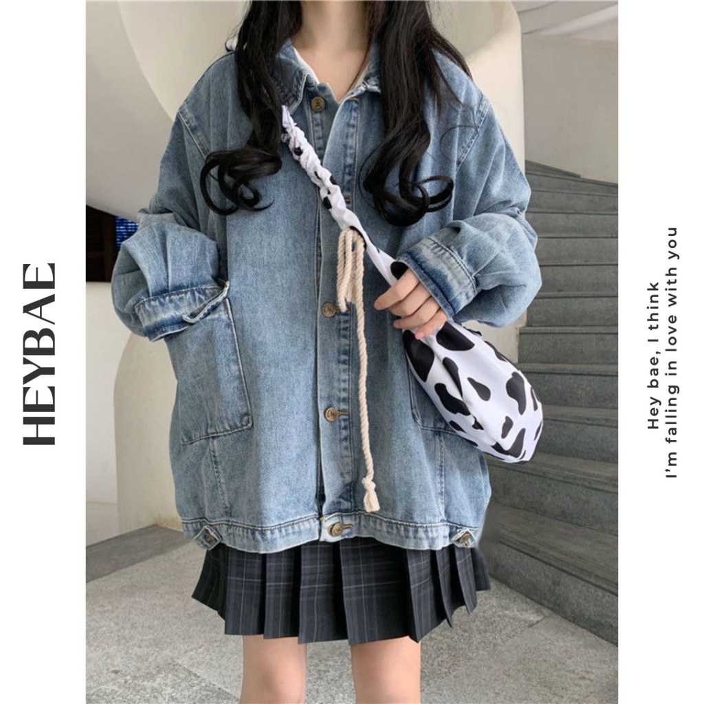 Áo khoác denim nữ Finn HEYBAE form rộng oversize jeans dày dặn có túi cá tính áo khoác basic dễ phối AK043