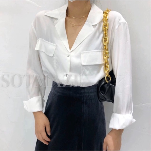 Áo sơmi voan nữ phối 2 túi trước ngực from rộng dài