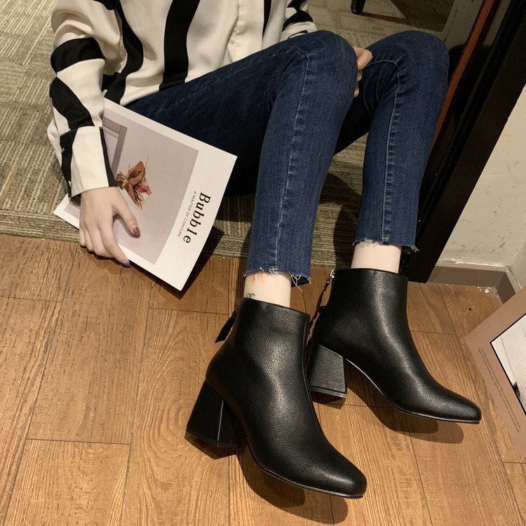 MS296 Bốt da nữ mũi vuông, boots cao cổ nữ