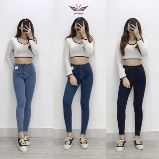 Quần jeans nữ 9 tấc tua lai cạp cao siêu co giãn/màu trơn/hàng xuất