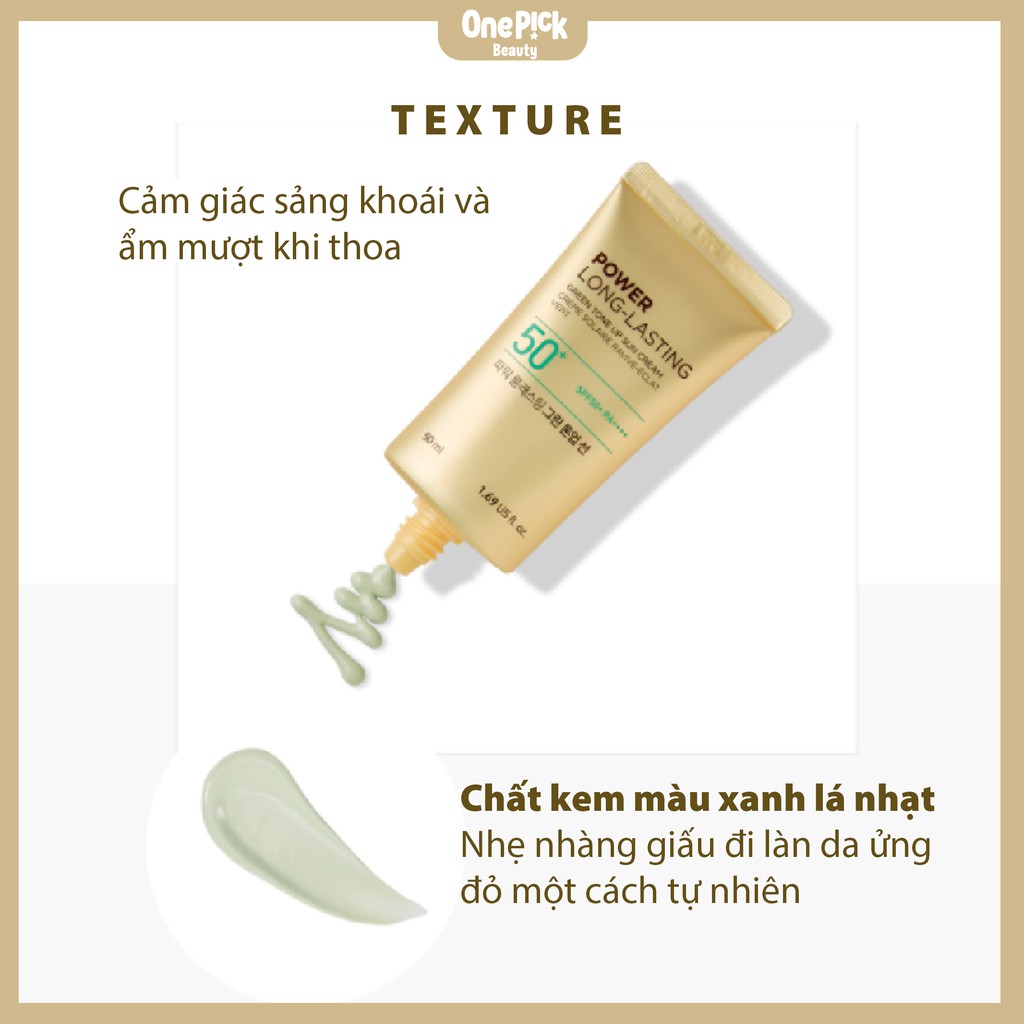 Kem chống nắng The Face Shop SPF50+ PA++++, nâng tone, làm dịu da, kháng nước vượt trội và ngăn ngừa bụi mịn cho làn da rạng rỡ dưới ánh mặt trời [POWER LONG LASTING GREEN TONE UP SUN CREAM SPF50+ PA++++ THE FACE SHOP 50ML]