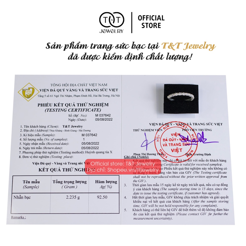 Nhẫn Bạc Nữ X Một Hàng Đá s925 T&amp;T Jewelry cao cấp NN029