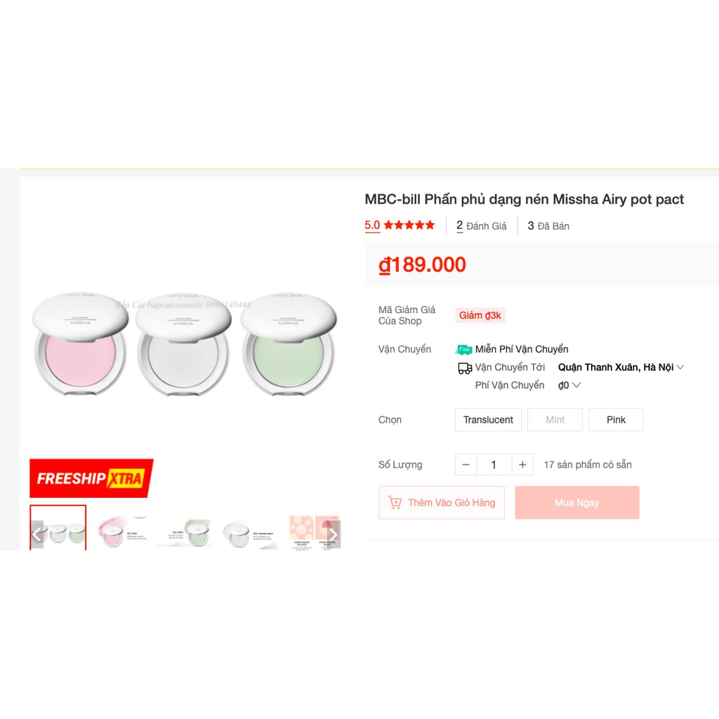 MBC Phấn phủ dạng nén/ bột Missha Airy pot pact/powder có 3 loại Translucent/Mint/Pink | BigBuy360 - bigbuy360.vn