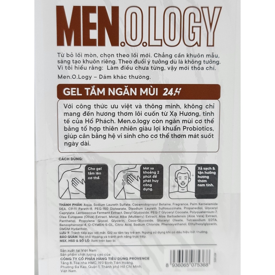 Sữa Tắm Dạng Gel Cho Nam Ngăn Mùi 24h MEN.O.LOGY 350ml