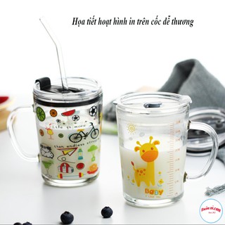 Cốc Thủy Tinh Chia ML Tặng Kèm Ống Hút Họa Tiết Hoạt Hình Đáng Yêu 00837