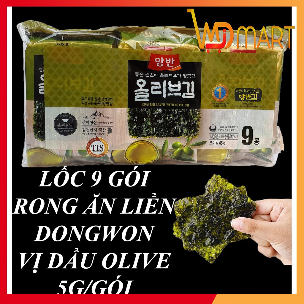 LỐC 9 GÓI RONG BIỂN ĂN LIỀN DONGWON HÀN QUỐC VỊ DẦU OLIVE 5G/GÓI