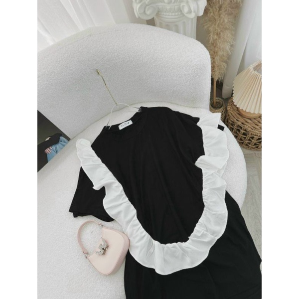 Đầm Suông Đen Viền Bèo Trắng