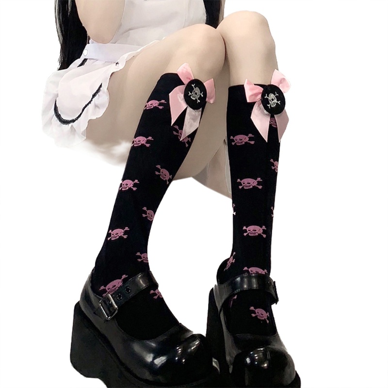 Đôi vớ dài in hình đầu lâu đính nơ thời trang cho nữ