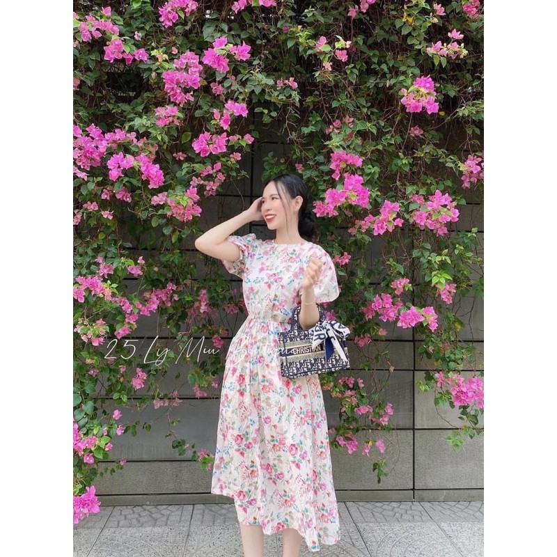 VNU279 - VÁY VINTAGE HOA HỒNG TÍM CHUN EO TAY 2 LỚP | BigBuy360 - bigbuy360.vn