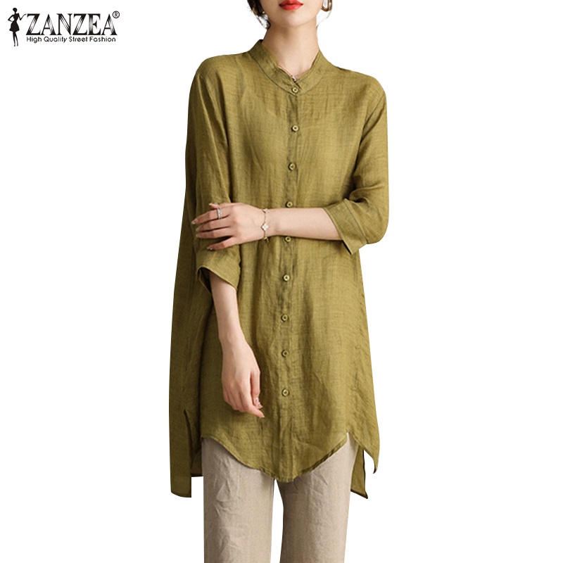 Áo sơ mi Zanzea tay 3/4 cổ đứng thiết kế xẻ tà thời trang cho nữ