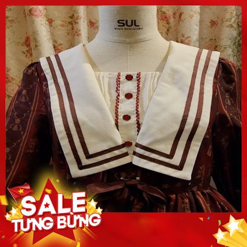 🎀 Đầm lolita OP hoa văn ngựa gỗ màu đỏ bordeaux phong cách Nhật Bản -Hàng nhập khẩu
