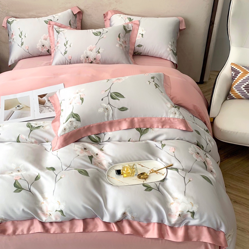 Bộ chăn ga cao cấp 100%Tencel 100s họa tiết Hoa anh đào in kỹ thuật số sắc nét, chất liệu siêu mềm mịn