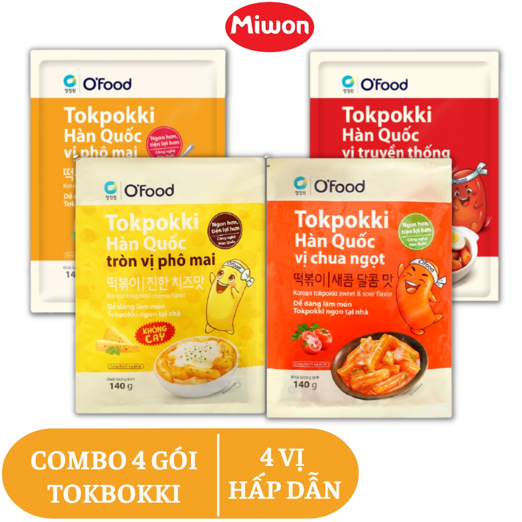 4 gói Tokbokki Hàn Quốc O'Food 140g 4 vị cay, phô mai, tròn vị phô mai không cay, chua ngọt