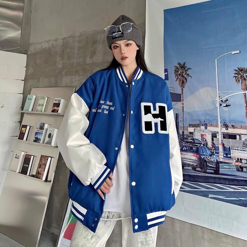 Áo Bomber chữ H form rộng tay bồng dày dặn  Áo khoác xanh cúc bấm phong cách Hàn Quốc 22020