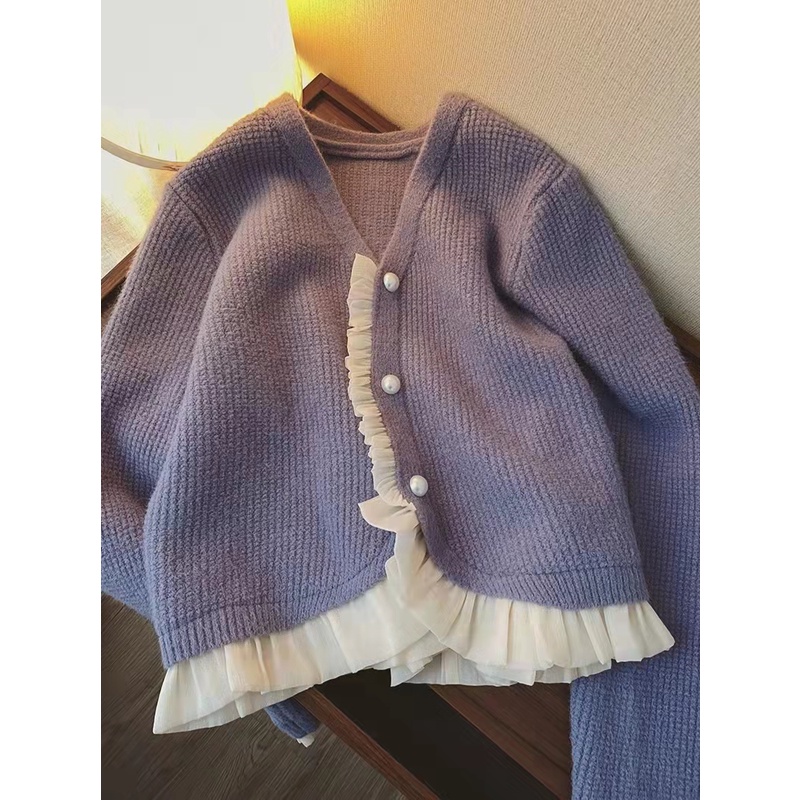 Áo len cardigan cổ V cài khuy phối voan vạt áo điệu đà tiểu thư vintage Hàn Quốc