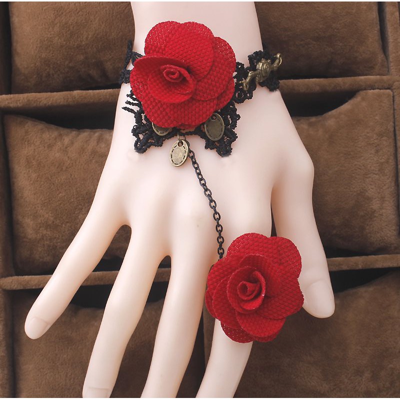 Vòng tay choker nữ chất liệu vải ren hoa hồng liền nhẫn sang chảnh