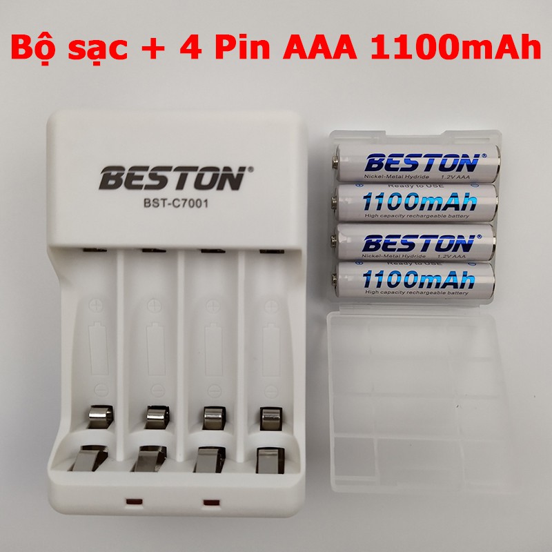 Combo 4 pin sạc Beston AA AAA pin NiMH kèm sạc pin mic không dây, điều khiển từ xa, đồ chơi trẻ em