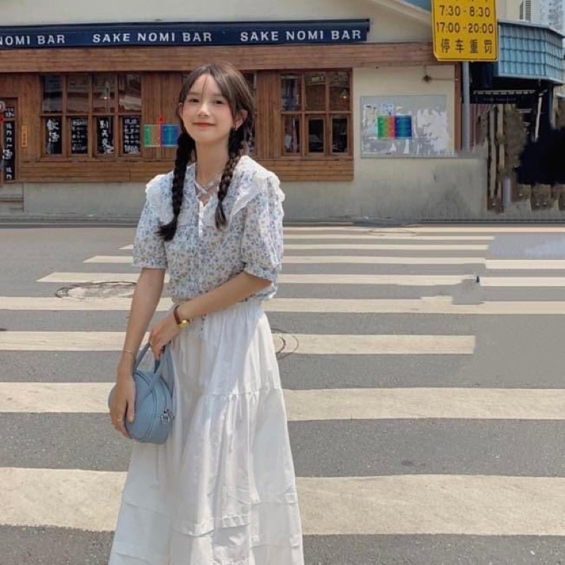 Set áo sơ mi bèo kiểu tay ngắn dây rút hoa nhí và chân váy midi dài dáng suông chiffon xoè - Order taobao