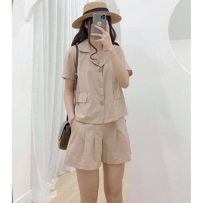 Set đồ nữ áo sơ mi cổ vest Korea Style + Quần đùi ulzzang , Bộ đồ quần áo nữ (video/ảnh thật/sẵn)