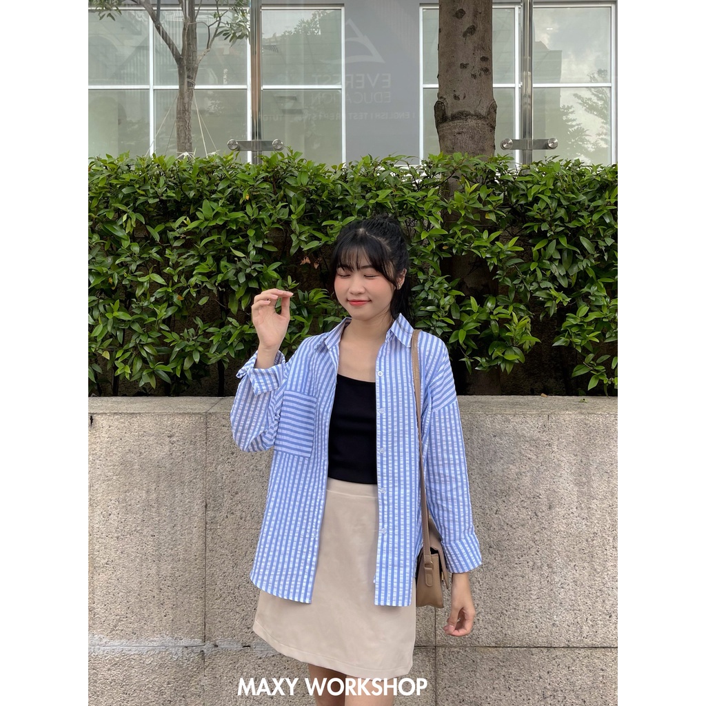Áo sơ mi nữ tay dài sọc xanh trắng dáng rộng blue ocean shirt