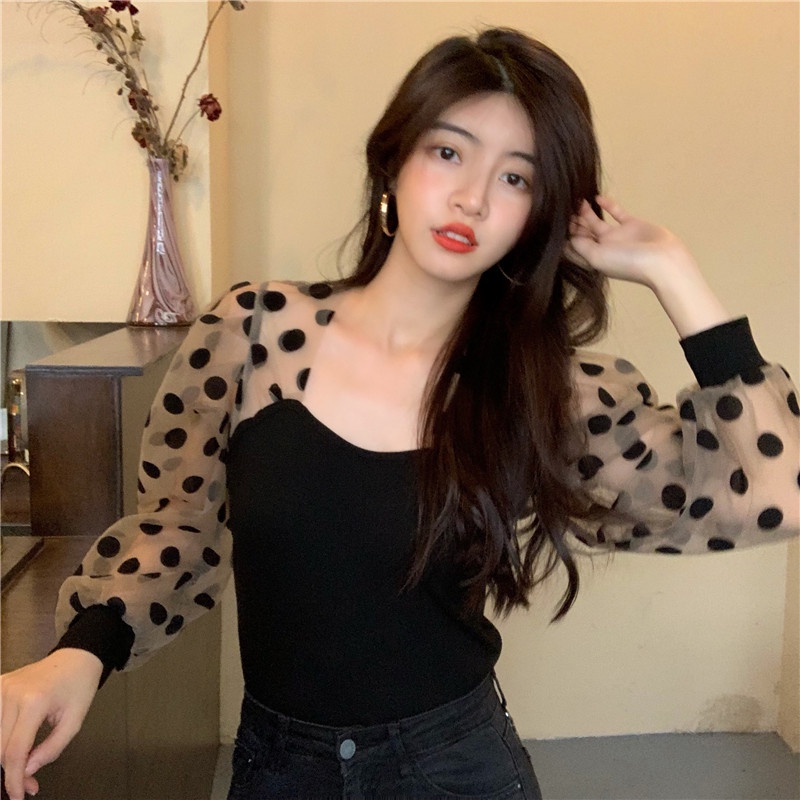 Áo Sơ Mi Cổ Vuông Tay Phồng Họa Tiết Chấm Bi Thời Trang Mùa Thu Mới Cho Nữ