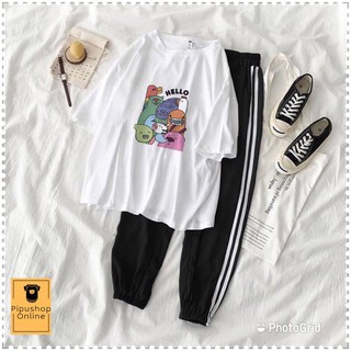 Bộ thể thao /set quần jogger line phối áo thun tay lỡ hello unisex cho nam và nữ - s17ppo