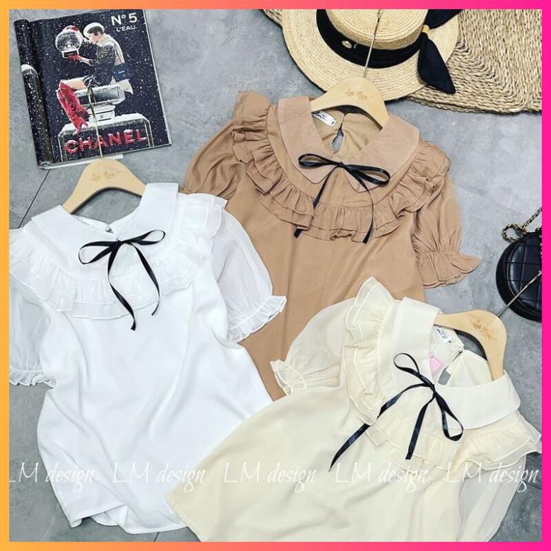 Áo sơ mi tơ cổ sen bèo nhún cộc tay xinhh, Áo sơ mi bánh bèo kèm nơ - MOONMY | BigBuy360 - bigbuy360.vn