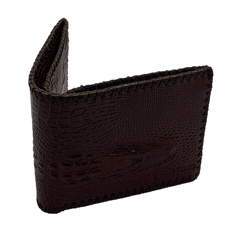 Ví Nam Ngang Da Bò Dập Vân Cá Sấu May Viền Tiến Công Màu Nâu Đỏ - TCN1041