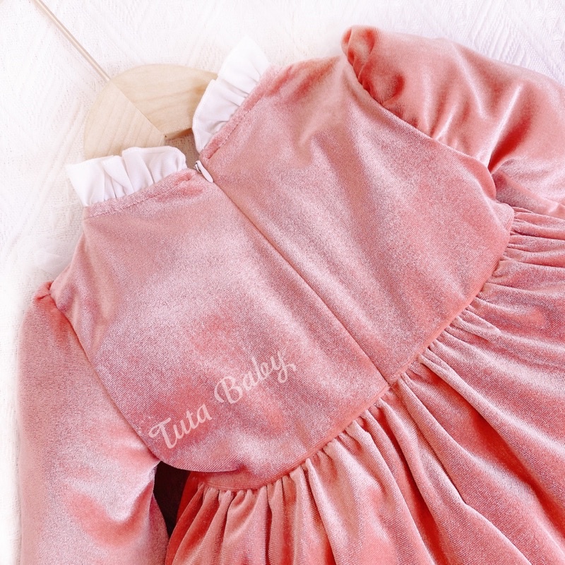 Váy Bé Gái Nhung Hồng Cổ Nơ Phối Ren Siêu Xinh FREESHIP Váy Thu Đông Thiết Kế Cho Bé 7 đến 22kg