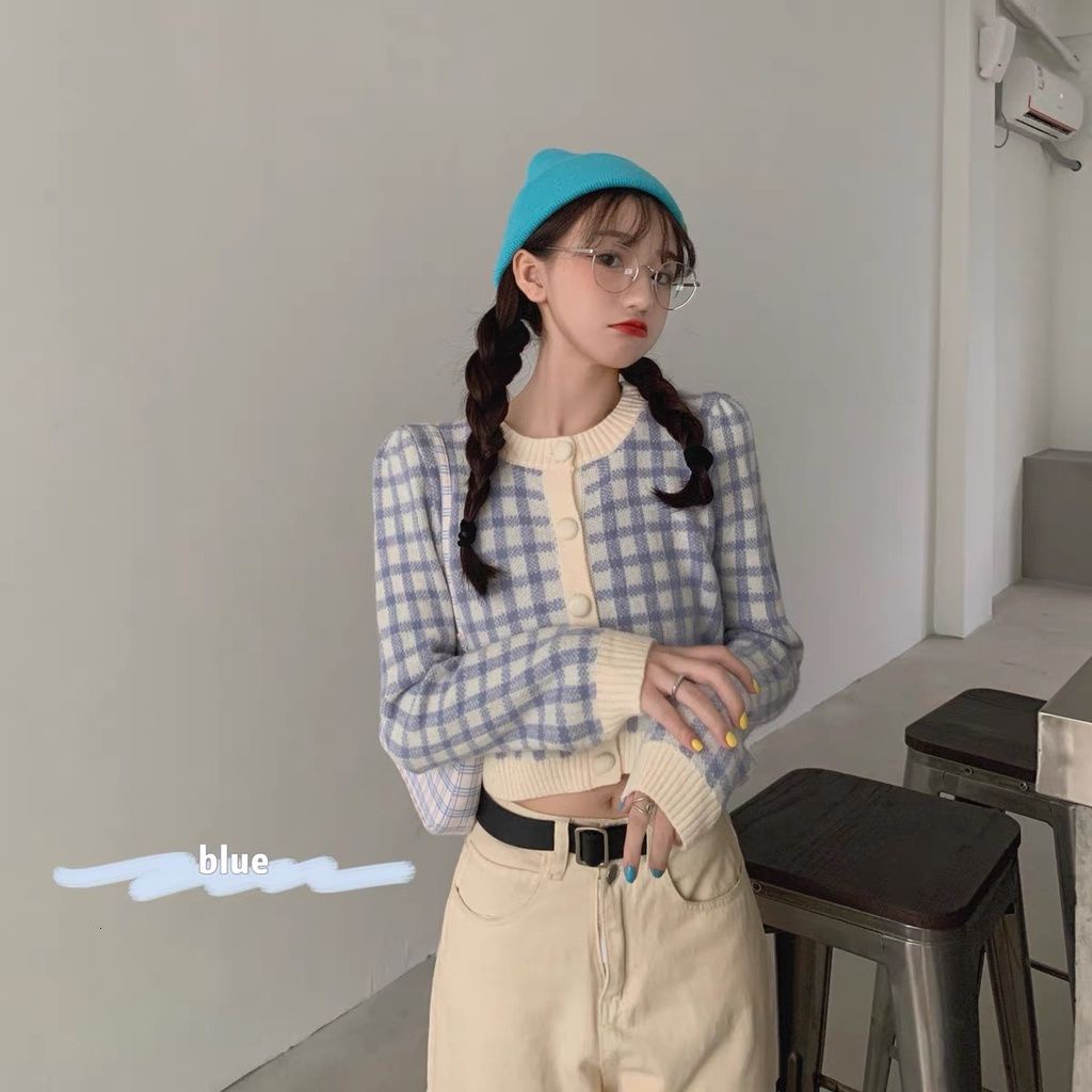 Áo khoác Cardigan dệt kim dáng ngắn tay dài in sọc caro thời trang