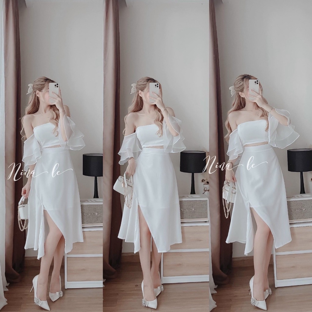 Đầm nữ trễ vai tay bèo phối voan  kèm chân váy xẻ đùi siêu xinh