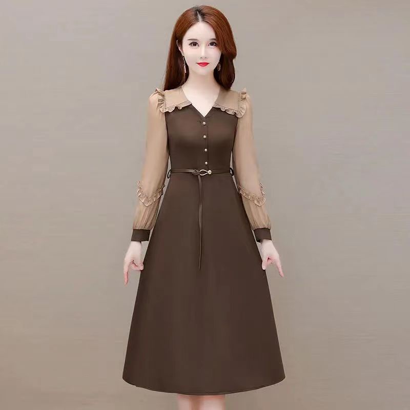 Đầm Chiffon Chữ A Dài Tay Cổ Chữ V Thời Trang Xuân Thu Cho Nữ
