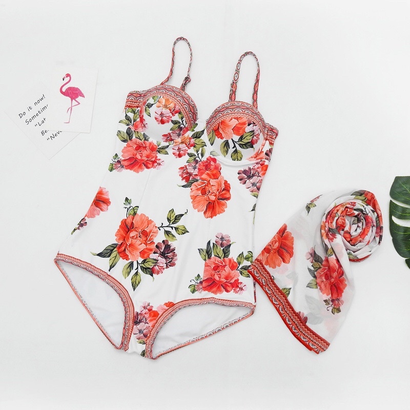 [BIKINI CAO CẤP] Đồ bơi nữ liền mảnh có gọng nâng ngực hoạ tiết hoa đỏ sang chảnh (kèm khăn choàng)